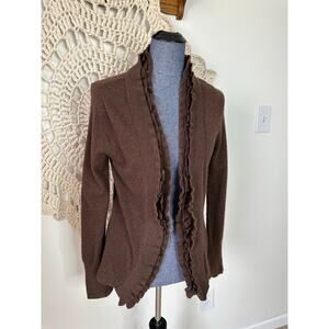 Vintage Sarah Spencer Chocolate Brown Wool Ruffle Open Front Cardigan Large